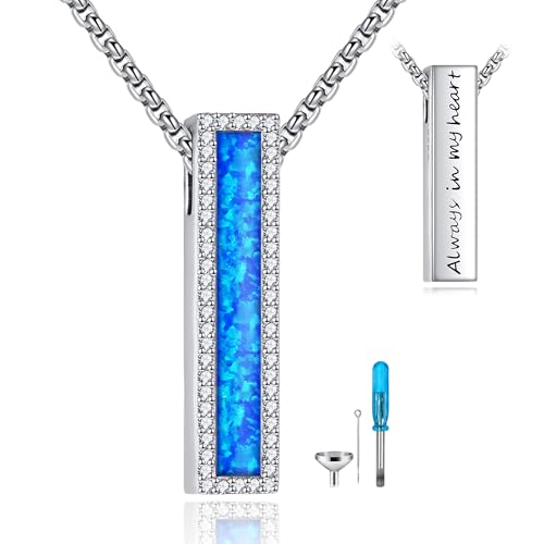 Cremation Urn Necklaces for Ashes Sterling Silver 3D Vertical Bar Memorial Pendant for Loved Ones Keepsake Cremation Jewelry Gifts for Women Men - style: Blue Opal