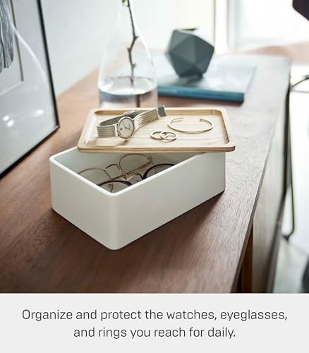 YAMAZAKI Home Rin Accessory Box With Wooden Lid For Jewelry, Watches, Or Sunglasses - Polystone - color: Ash