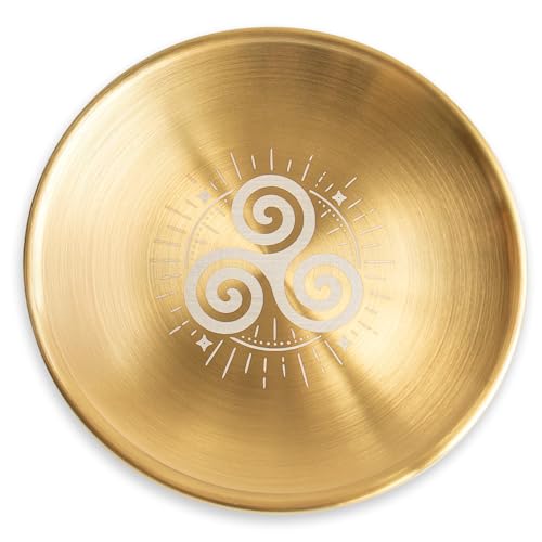 Altar Tray - Stainless Steel Metal 5.5" Round Dish for Prayer Astrology Tarot Offering Plate Rituals Ceremonies & Decor (Triskelion Gold) - color: Triskelion Gold
