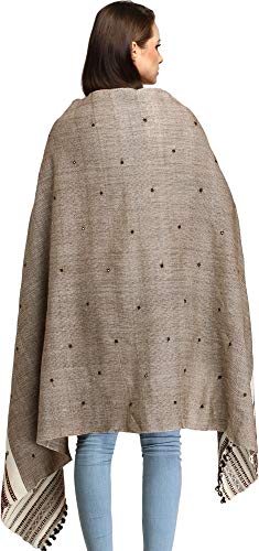 Exotic India Shawl from Kutch with Embroidered Mirrors - Pure Wool - color: Monks Robe