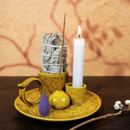MOUGIGI 5.1-Inch 5-in-1 Yellow Ceramic Incense Holder - Fits Palo Santo, Sage, Incense Sticks/Cones, Small Candle, Smudge Burning Tray.Zen Altar for Meditation/Yoga, Aromatic Scents, Matches Friendly - color: Multifunctional Palo Plate-yellow