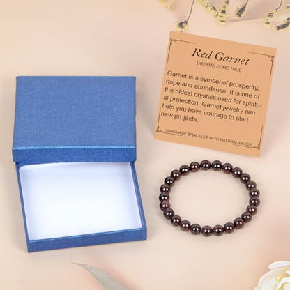 LPBeads Handmade Natural Gemstone Stretch Elastic Bracelet Healing Crystal Round Stone Beads Jewelry Gifts for Women Men - color: Garnet, size: 8mm