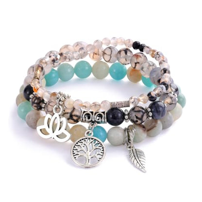 Tree of Life Yoga Healing Stone Bracelets,Multilayer Lotus Chakra Stone Reiki Bracelet Sets,Anxiety Crystal Natural Stone,for Women Stress Relief - style: Black dragon agate + amazonite