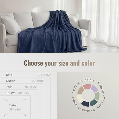 4-Layer Muslin Cotton King Bed Blanket (108 x 90 inches) – Ultra Soft, Breathable & Lightweight All-Season Gauze Blanket, Cozy Comfort, Machine Washable – Navy - color: Navy, size: King (108 x 90 inches)