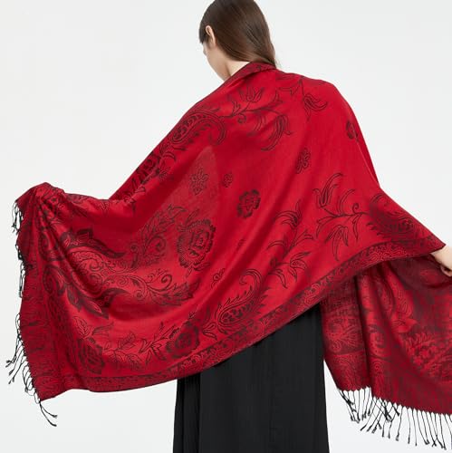 Pashmina Shawl Wrap with Ethnic Paisley Two Tone Jacquard Scarf for Women - color: Paisley-black Red