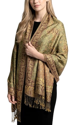 Achillea Reversible Paisley Pashmina Rave Scarf – Exotic Indian Shawls and Wraps for Evening Dresses, Festivals, All Seasons - color: Sage Green