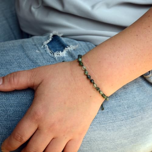 Natural Faceted Gemstone Bead Bracelet, Adjustable Waterproof Wax Cord, Hand-Knotted Design - color: Moss Agate