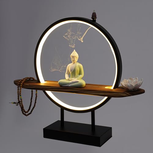 Backflow Incense Holder with LED Light Tabletop Indoor Ceramic Buddha Statues Meditation Decoration with Lamp Rings,Lotus,Buddhist Beads for Home Decor Relaxing,18 * 4 * 14in (Buddha)