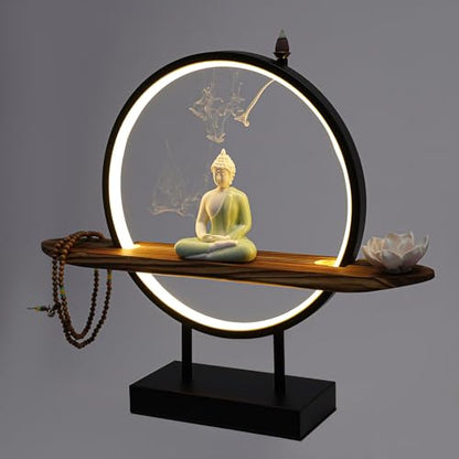 Backflow Incense Holder with LED Light Tabletop Indoor Ceramic Buddha Statues Meditation Decoration with Lamp Rings,Lotus,Buddhist Beads for Home Decor Relaxing,18 * 4 * 14in (Buddha)