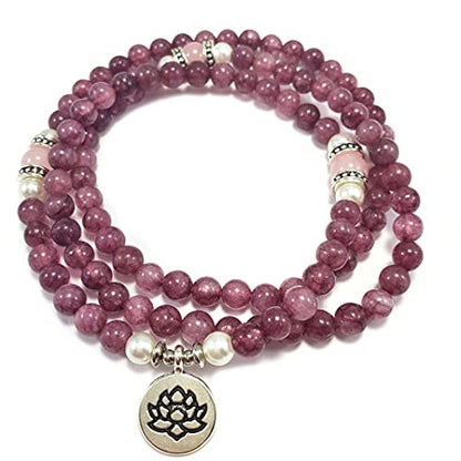 108‑Bead Mala Necklace – Natural Stones Lepidolite, Rose Quartz & South Sea Pearl with Silver Lotus Charm – Handmade 6mm/8mm Beaded Meditation Necklace or Wrap Bracelet – USA Artisan Jewelry