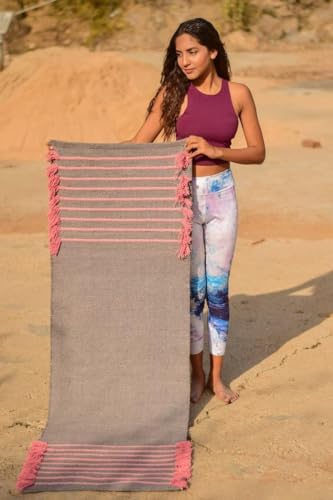 Indian Handmade100 % Organic Anti Skid Multi Colour Cotton Yoga Mat - Eco-Friendly Hand-Woven Rug - Non-Slip & Thick (24”x72”x5mm) for Hot yoga & Everyday Fitness at Home - Comfortable & Foldable Extra-Long Mat - color: Multi 11