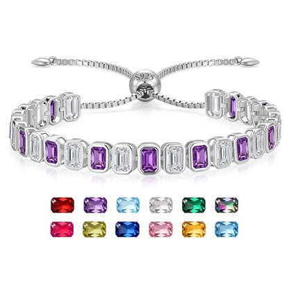Birthstone Bracelets for Women, Sterling Silver Tennis Bracelets Emerald Cut Bezel Set with Adjustable Chain, Elegant Anniversary, Birthday or Valentine's Day Gift - color: 02-Feb-Amethyst