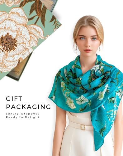 PoeticEHome Cashmere Scarf Wrap 36"x36" - Featherlight & Wrinkle-Free Artistic Square Shawl for Travel & Office, Gift Ready - color: Branches With Almond Blossom - 36"