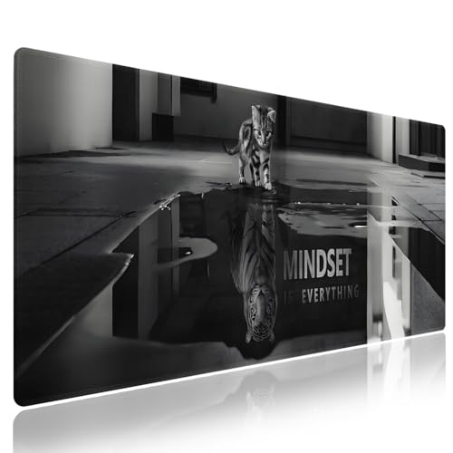 XXL Gaming Mouse Pad with Stitched Edges for Home & Office - Mindset is Everything Inspirational Quote & Cute Cat Funny Tiger Reflection, Smooth Fabric Surface Anti-Slip Base Large Desk Mat - color: Inspirational