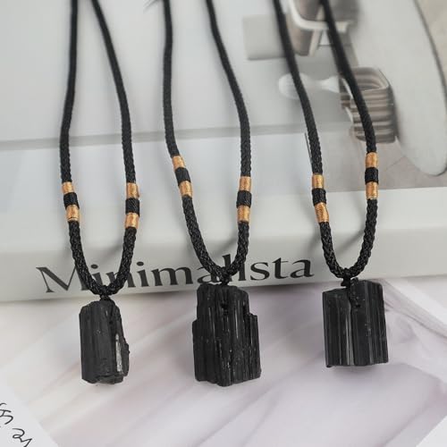 Natural unprocessed crystal raw stone hand woven rope adjustable necklace pendant for both men and women - color: A-Black Tourmaline1