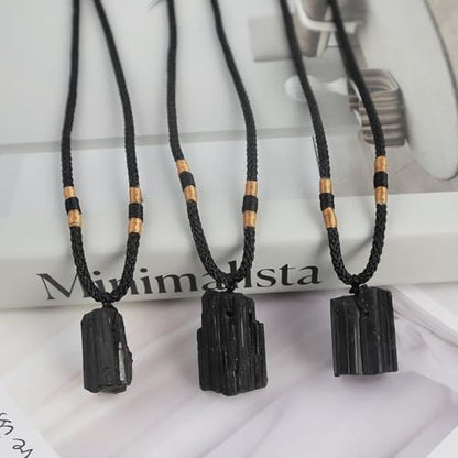 Natural unprocessed crystal raw stone hand woven rope adjustable necklace pendant for both men and women - color: A-Black Tourmaline1