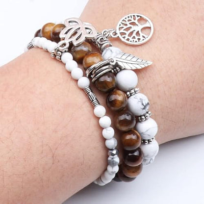 Tree of Life Yoga Healing Stone Bracelets,Multilayer Lotus Chakra Stone Reiki Bracelet Sets,Anxiety Crystal Natural Stone,for Women Stress Relief - style: White turquoise+Tiger's Eye stone