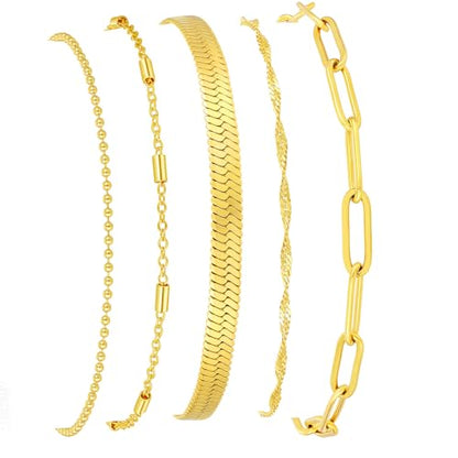 Gold Bracelets for Women, 14K Gold Plated Stackable Bracelet Stack Set Adjustable Charm Paperclip Chain Snake Link Layered Waterproof Jewelry Sets Gifts - style: Bracelets Set /7