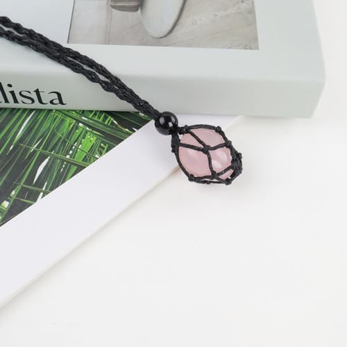 Natural unprocessed crystal raw stone hand woven rope adjustable necklace pendant for both men and women - color: A-Rose Quartz