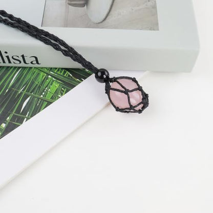 Natural unprocessed crystal raw stone hand woven rope adjustable necklace pendant for both men and women - color: A-Rose Quartz