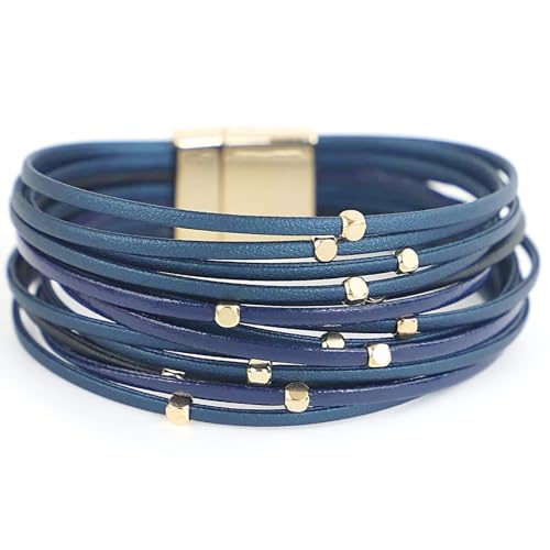 Fesciory Leopard Bracelet for Women, Boho Leather Wrap Multi-Layer Pearl Crystal Bracelet Bangle Jewelry - style: CubeBead(Navy)