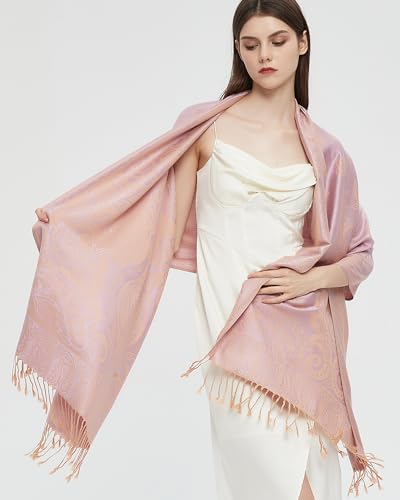 Pashmina Shawl Wrap with Ethnic Paisley Two Tone Jacquard Scarf for Women - color: Paisley-pink