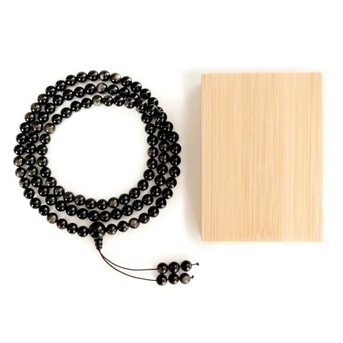 Tibetan Natural Black Obsidian Mala Beads 108, Buddhist Prayer Beads Japamala, Protection Crystal Beaded Tourmaline Bracelets, Meditation Golden Sheen Gemstone Necklace for Women Men - size: 8mm