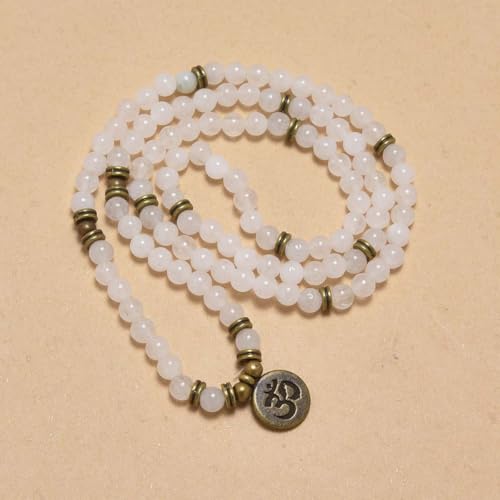 108 Mala Beads Bracelet with om Charm – Healing Stone Meditation Bracelet for Yoga & Prayer, 6mm Beads, Handmade, Gold-Plated OM Charm - style: White Jade