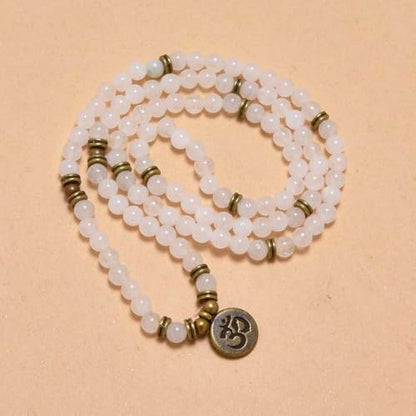 108 Mala Beads Bracelet with om Charm – Healing Stone Meditation Bracelet for Yoga & Prayer, 6mm Beads, Handmade, Gold-Plated OM Charm - style: White Jade