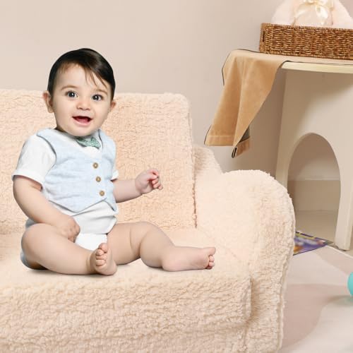 MOMCAYWEX Kids Sofa, 2-in-1 Flip-Out Foam Couch with Soft Sherpa Cover, Cozy Play Lounge Chair, Cream - color: Cream, size: Medium
