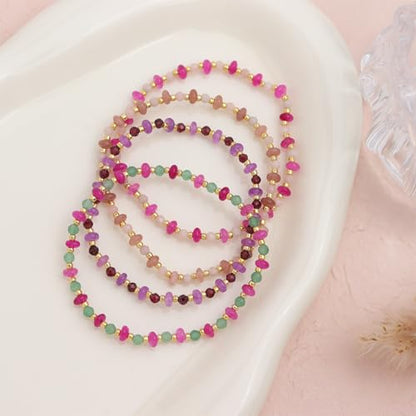 Gold Beaded Gemstone Bracelets for Women, Boho Handmade Stackable Natural Stone Labradorite Beads Bracelet Prom Jewelry Gift. - color: Green Pink