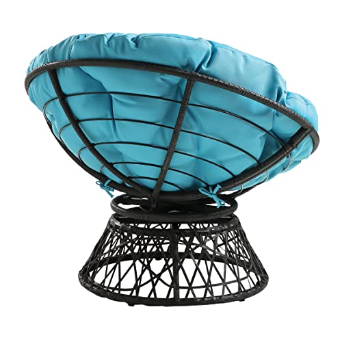 OSP Home Furnishings Wicker Papasan Chair with 360-Degree Swivel, Grey Frame with Blue Cushion
