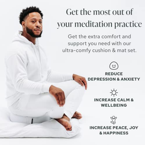 Mindful Modern Meditation Cushion & Zabuton Meditation Mat Bundle - 100% Cotton Meditation Cushion Set for Yoga - Buckwheat Zafu Floor Pillow Rectangular Mat - Removable Cover - Classic White Color