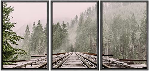 wall26 - 3 Piece Framed Canvas Wall Art - Railway Through The Pine Forest with Mist - Modern Home Art Stretched and Ready to Hang - 16"x24"x3 Black - color: Artwork - 32, size: 16" x 24" x 3 Panels BLACK