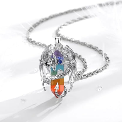 INFUSEU Unique Dragon Necklaces with Healing Crystal Stone for Men Women, Personalized Spiritual Gifts, 24 Inch Chain - color: Chakra