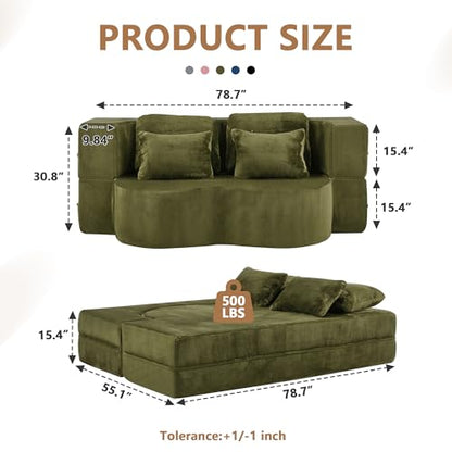 2-in-1 Folding Sofa Bed with Pillow, No Assembly Futon Twin Size Sofa Bed, Breathable Velvet Convertible Couch Bed for Living Room and Guest Room, 78.7 Inch, Green - color: Green-78.7", size: 2 seat