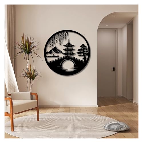 Japanese Style Metal Wall Art, Round Pagoda & Bridge Landscape Wall Decor, Metal Wall Sculpture For Living Room Bedroom Zen Home Decorations(Black,19x18 in/47x47 cm) - color: Black, size: 19x18 in/47x47 cm