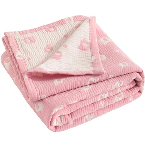 NTBAY 3 Layer Oversized Muslin Cotton Toddler Blanket, Jacquard Reversible Nursery Bed Blanket, Super Soft and Thermal for All Seasons, Baby Gift, 45"x60", Pink Elephant - color: Pink Elephant, size: 45x60 Inch (Pack of 1)