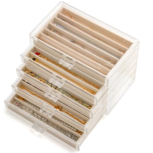 Necklace Organizer Box with 5 Drawers 30 Compartments, Dustproof Velvet Necklace Display Tray, Acrylic Necklaces Display Case, Pendant Chains Necklace Storage Tray Gift for Women and Girls (Beige) - color: Beige