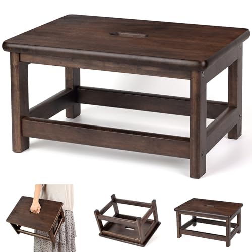 Wooden Step Stool (16.5" Dx12 Wx9 H) Bed Steps for High Beds for Adults - Natural Solid Wood One Step Stool, Heavy Duty- Holds up to 600Lbs- Perfect Safety (9in Height-Walnut)