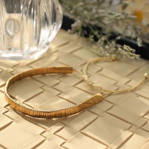 Tila Beaded Stretch Strand Bracelets for Women, Cute Boho Stackable Handmade Colorful Mixed Flat Square Beads Elastic Beach Surfer Bracelet Trendy Jewelry Friend Gift - color: Solid Gold
