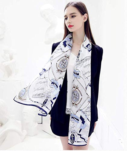 100% Mulberry Silk Long Scarf for Women Large Shawls for Headscarf and Neck- Oblong Hair Wraps with Gift Packed - color: White&blue-sailing