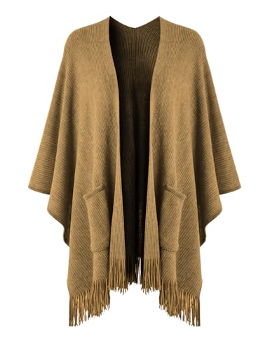 Ferand Shawl Wraps for Women, Cozy Lightweight Poncho Cape with Pockets, Warm for Fall Winter Travel - color: Camel