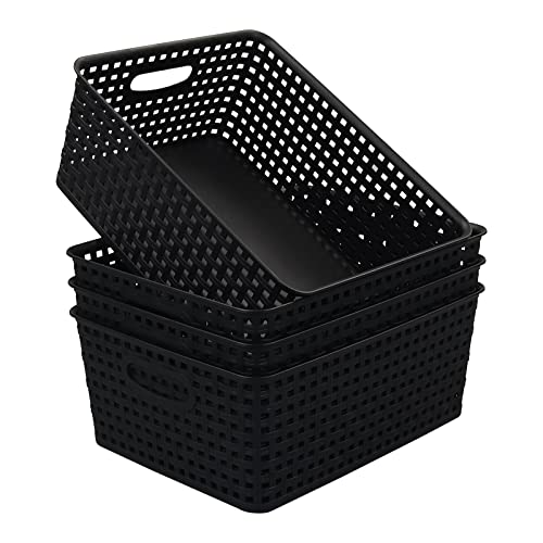 Morcte Plastic Weave Shelf Basket, 4-Pack Plastic Baskets Organizer, Black - color: Black, size: 11.41" x 8.93" x 4.72"