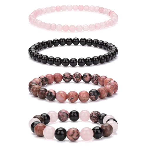 4pcs Beaded Bracelets for Women,Natural Healing Crystal Gemstones Bracelet,Anxiety Stress Relief Bracelet Handmade purple Jewelry Gifts for Women - color: Rose Quartz&Obsidian&Rhodonite