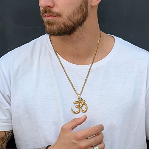 Stainless Steel Om Necklace for Men Women, gold plated/Silver/Black Yoga Charm Pendant Necklaces Aum Om Ohm Sanskrit Symbol Hindu Meditation Chain Necklace,Mens Womens Jewelry Gifts - color: Gold