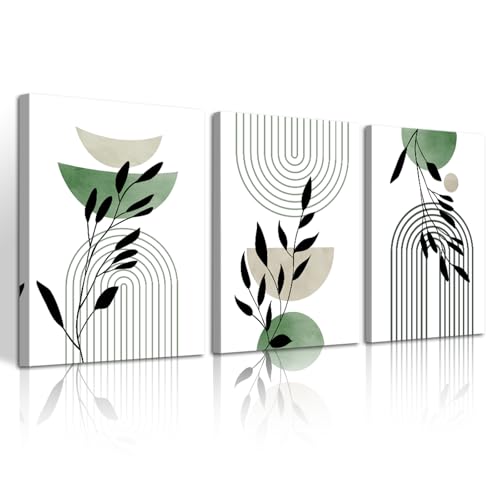 WENGTIAO 3Pcs Boho Sage Green Canvas Wall Art MInimalist Geometric Line Leaf Pictures Prints Paintings Abstract Mid Century Botanical Green Plant Artwork for Living Room Bedroom Bathroom 16x24x3 - color: Boho-sage green, size: 16"x24"x3Pcs