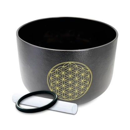 11" C Note Crystal Singing Bowl Black Life of Flower Root Chakra Quartz Singing Bowl Meditation Sound Healing with Suede Striker O-ring - size: 11 inch C NOTE