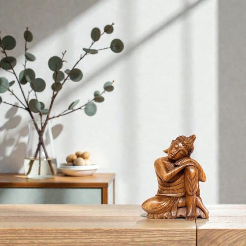 G6 Collection 8" Wooden Serene Sleeping Buddha Statue Hand Carved Sculpture Handmade Figurine Decorative Home Decor Accent Handcrafted Art Traditional Modern Decoration (Small) - size: Small
