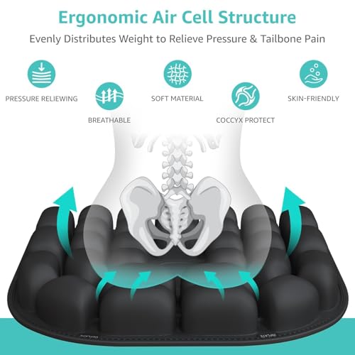 Inflatable Travel Seat Cushion for Airplane - Portable Air Pad with Built-in Pump for Long Flights & Car Rides - Ergonomic Tailbone Pain Relief for Office Chair, Wheelchair, Stadium